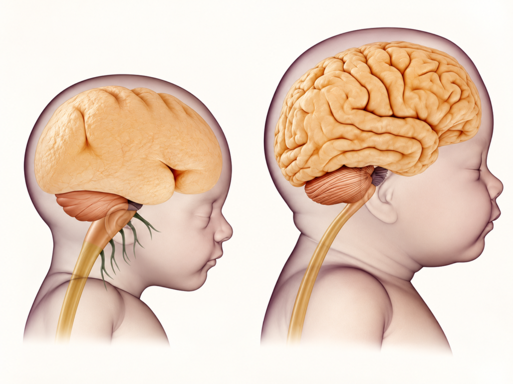 Cerveau lisse du fœtus comparé au cerveau plissé à la naissance