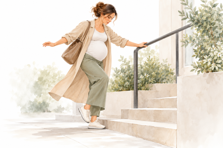 Femme enceinte descendant un escalier en se tenant à la rampe