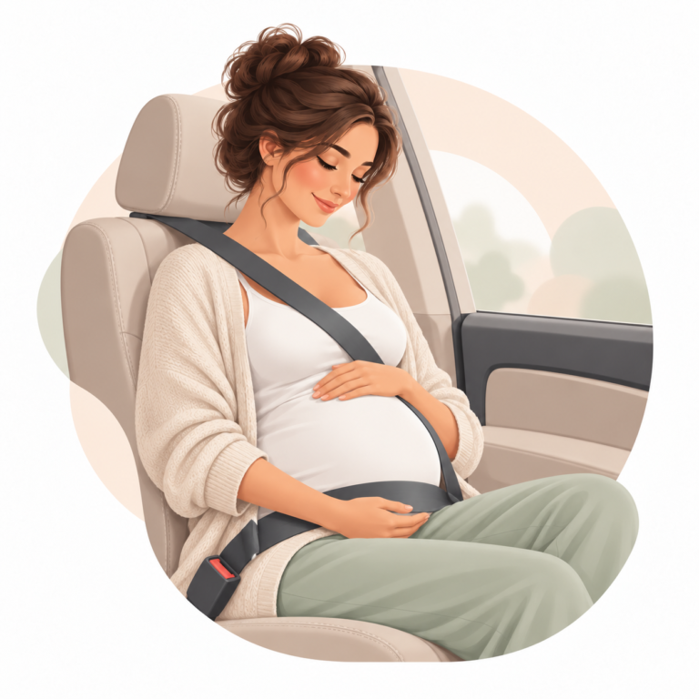 Femme enceinte assise en voiture, ceinture placée sous le ventre et en travers de l’épaule