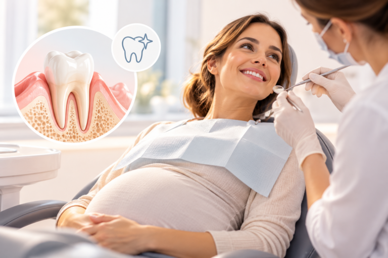 Femme enceinte souriante lors d’un contrôle chez le dentiste
