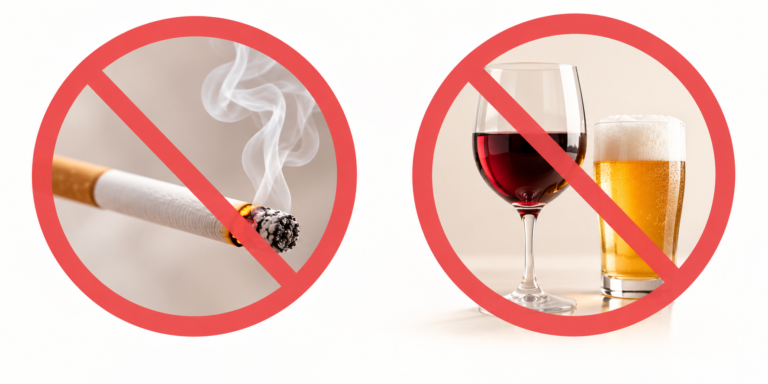 Symboles d’interdiction sur une cigarette et un verre de vin